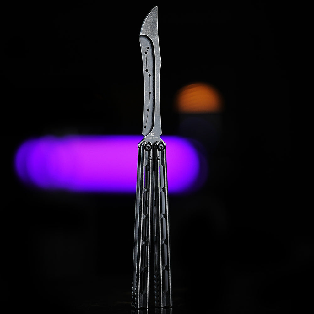 Armed Shark Prism Balisong Trainer in black color front view showing full handle structure and stone-washed stainless training edge