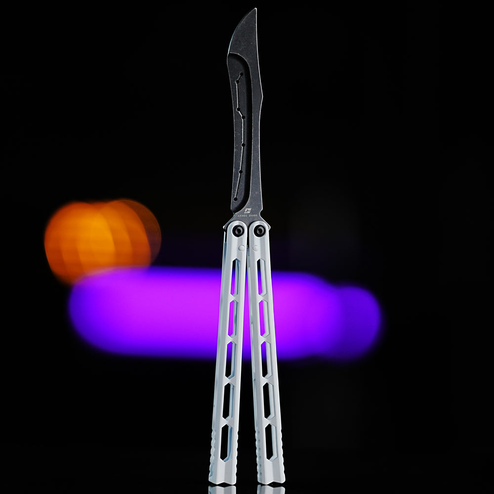 Armed Shark Prism Balisong Trainer front view showing full handle structure and unsharpened training edge