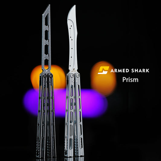 Armed Shark Prism Balisong Trainer in silver color – precision stainless steel training tool with clean background