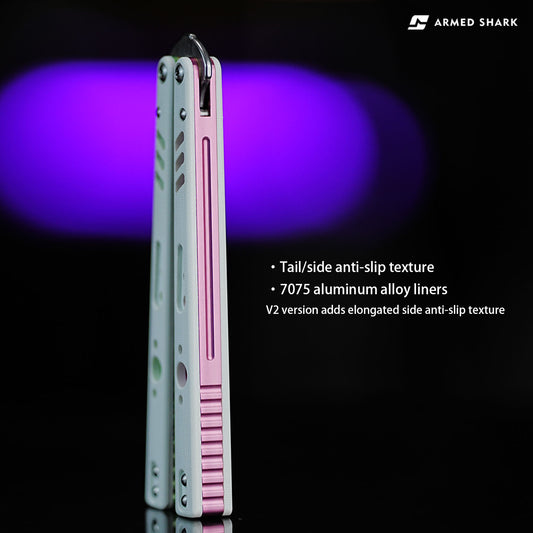 Armed Shark REP Balisong Trainer Knife V2 with tail and side anti-slip texture and 7075 aluminum alloy liners.