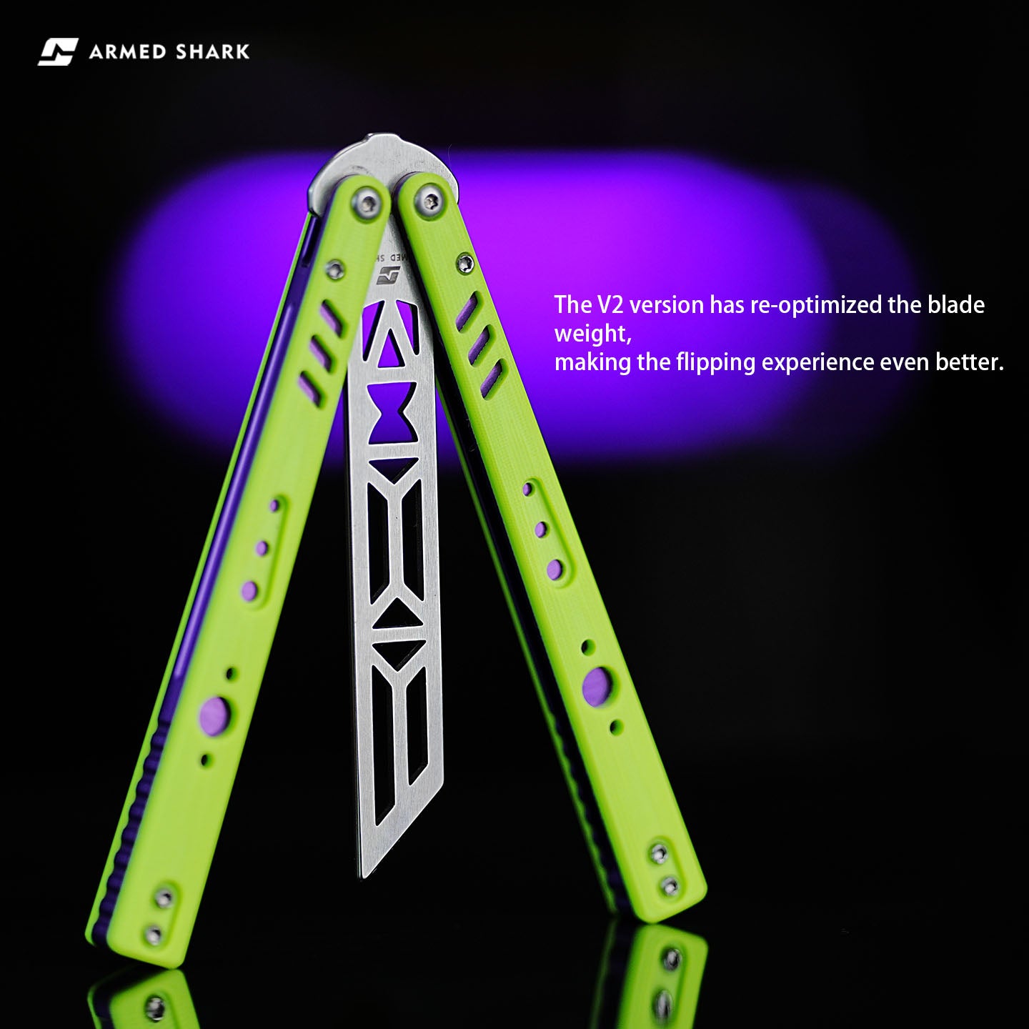 V2 version of Armed Shark REP Balisong trainer with re-optimized blade weight for improved flipping performance.