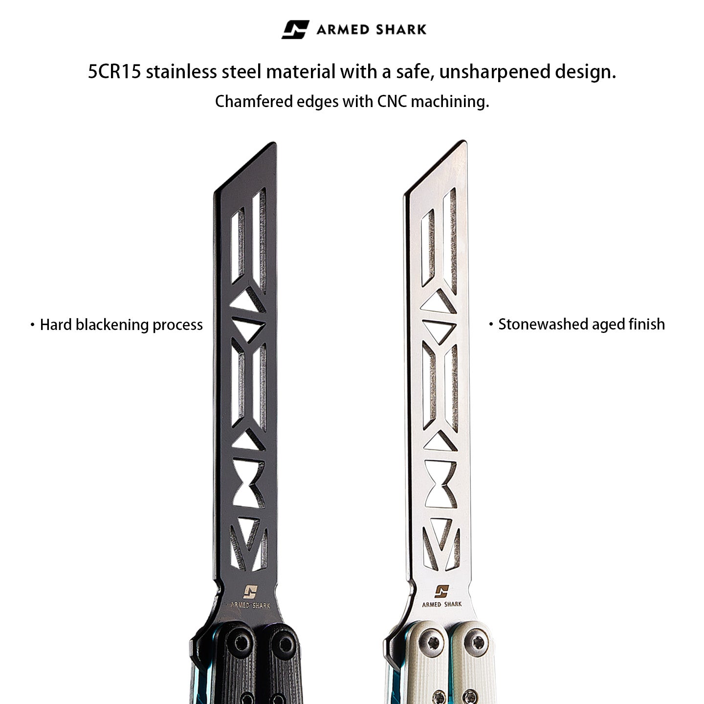 5CR15 stainless steel blade with safe unsharpened design, hard blackening process, and stonewashed aged finish – Armed Shark REP V2 trainer.