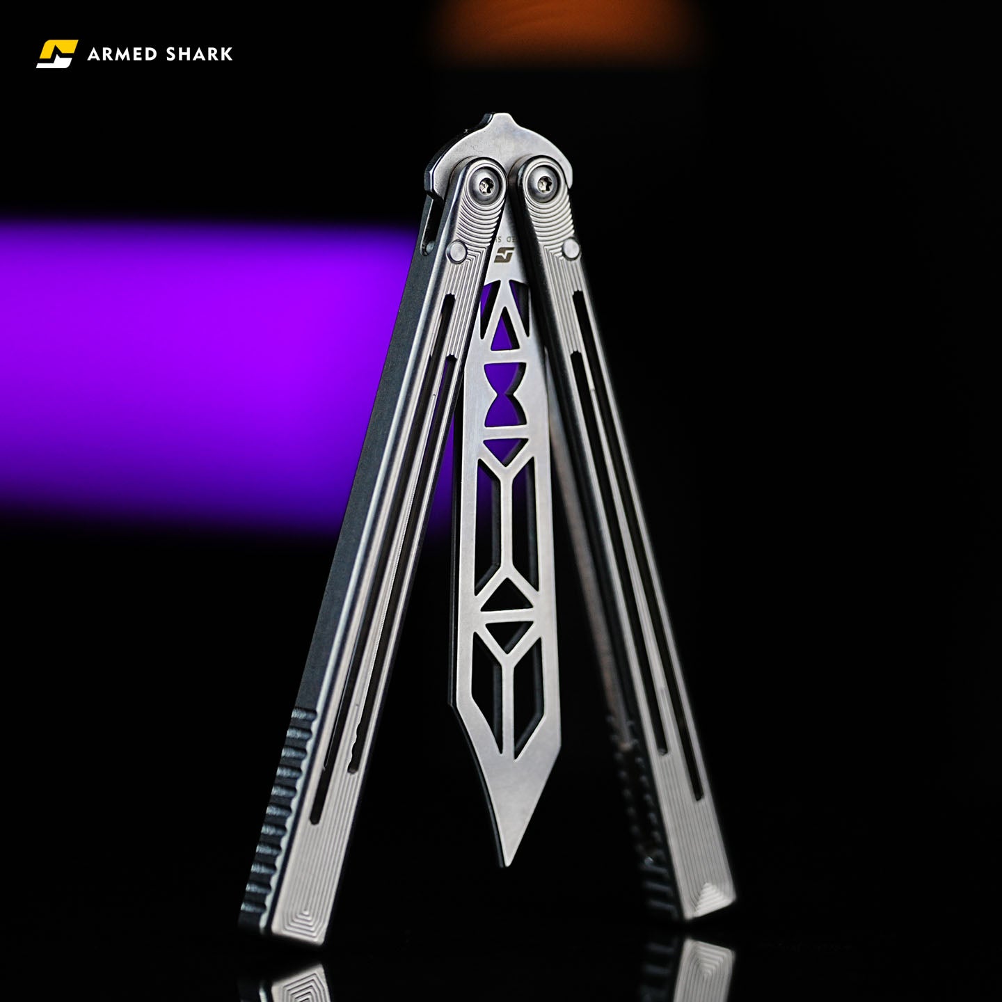 Bottom view of Armed Shark Titanium REP balisong trainer with open handles