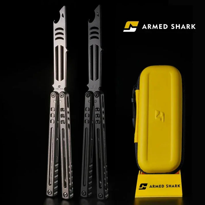 Armed Shark Titanium Inked Mako bottle opener balisong trainer knife