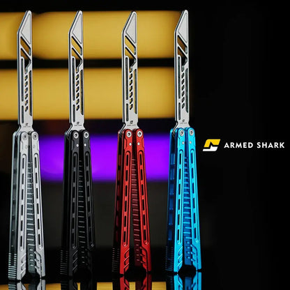 Armed Shark Athena Balisong Trainers in four anodized finishes — silver, black, red, and blue — displayed upright with colorful background lighting