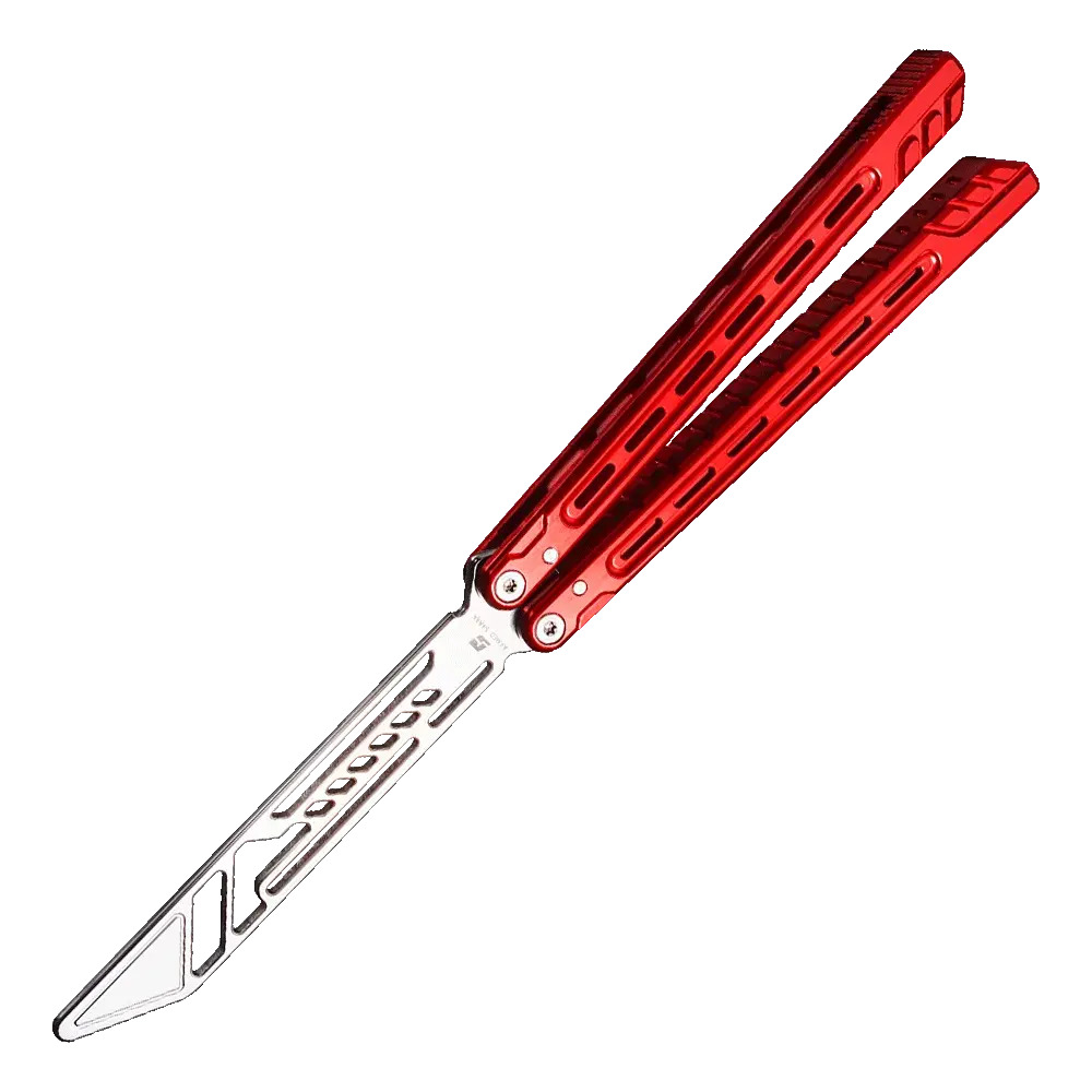 Angled view of Armed Shark Athena Balisong Trainer in red with CNC-machined handles and stainless training edge on transparent background