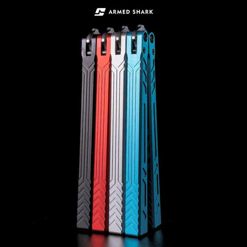 Armed Shark BB 7075 balisong trainer with anodized red aluminum handle.