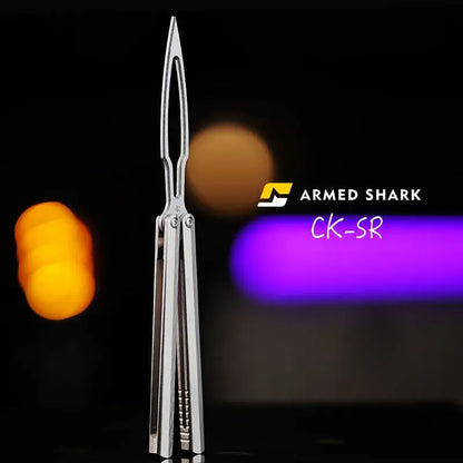 Full display of Armed Shark CK-SR balisong trainer with polished titanium handles