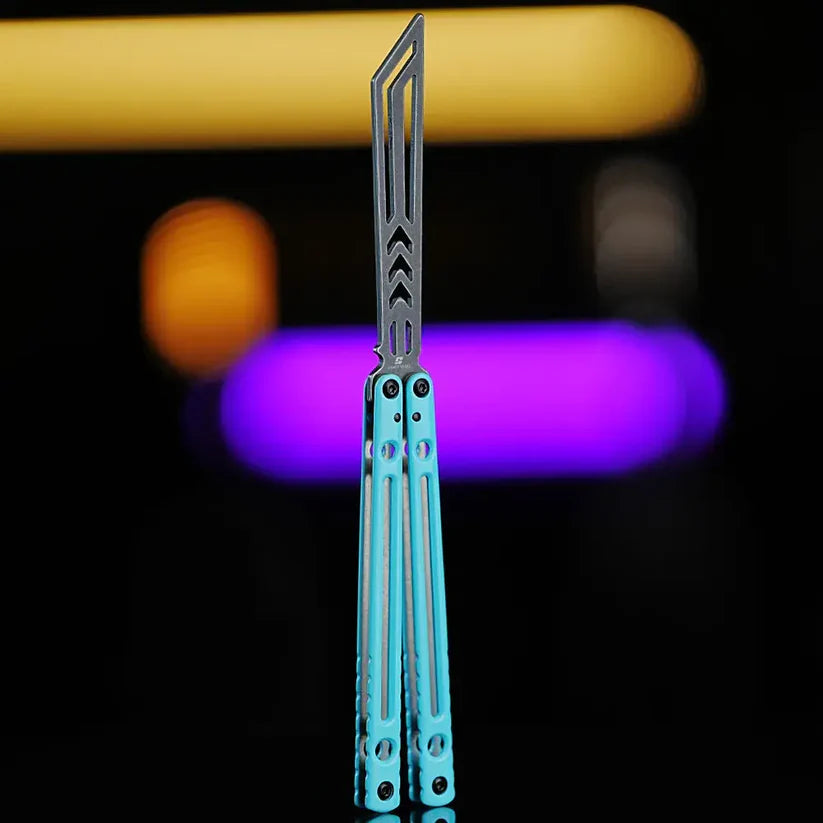 Armed Shark Dangerous Wanderer Balisong Trainer in Blue with vibrant anodized handle