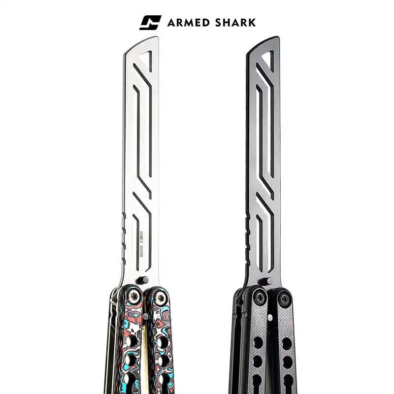 Armed Shark Nautilus v2 Balisong Trainer black and blue handle folded view