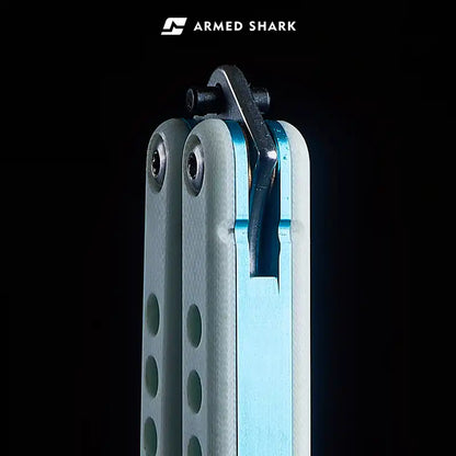 Armed Shark Nautilus v2 Balisong Trainer handle pivot system with screws close-up