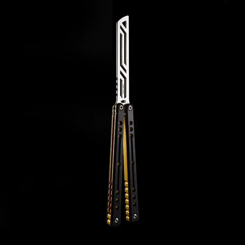 Armed Shark Nautilus v2 Balisong Trainer – Black Gold | Black handle with gold liners and silver trainer edge