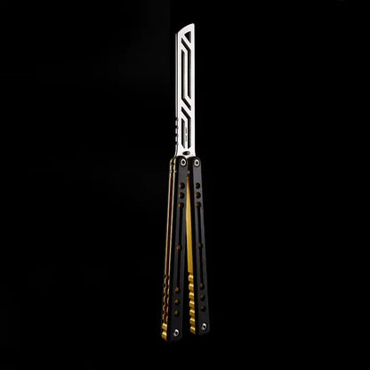 Armed Shark Nautilus v2 Balisong Trainer – Black Gold | Black handle with gold liners and silver trainer edge