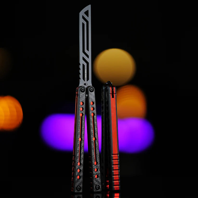 Armed Shark Nautilus v2 Balisong Trainer – Carbon Fiber Red | Black carbon fiber handle with red accents and black trainer edge