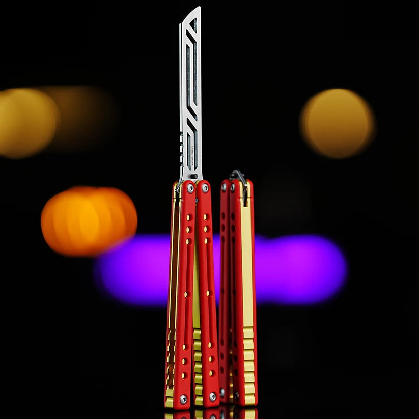Armed Shark Nautilus v2 Balisong Trainer – Red and Gold Edition | Red handle with gold liners and silver trainer edge