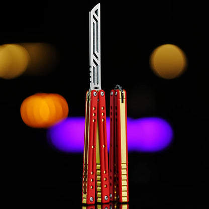 Armed Shark Nautilus v2 Balisong Trainer – Red and Gold Edition | Red handle with gold liners and silver trainer edge