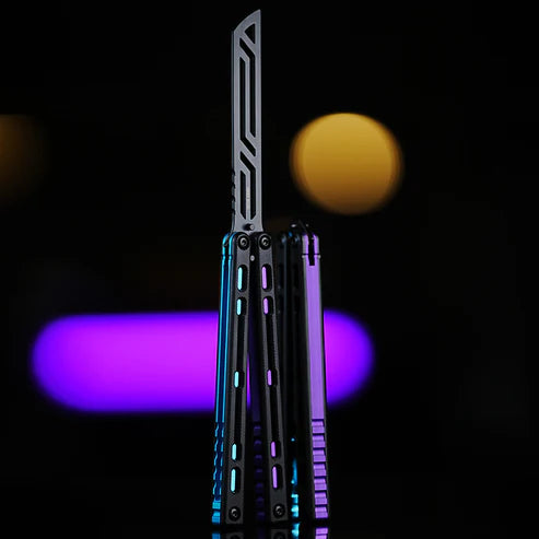 Armed Shark Nautilus v2 Balisong Trainer – SE Black Purple Blue | Black handle with dual purple and blue liners and silver trainer edge