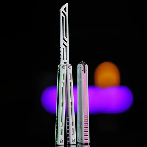 Armed Shark Nautilus v2 Balisong Trainer – SE White Pink Green | White handle with dual pink and green liners and silver trainer edge