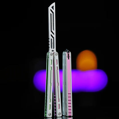 Armed Shark Nautilus v2 Balisong Trainer – SE White Pink Green | White handle with dual pink and green liners and silver trainer edge