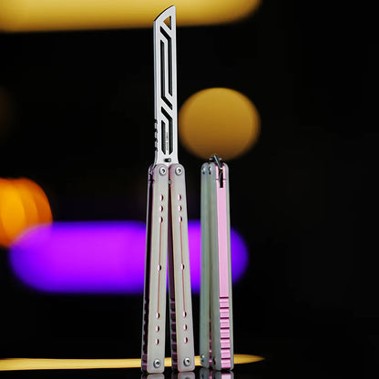 Armed Shark Nautilus v2 Balisong Trainer – Transparent Pink | Semi-transparent white handle with pink liners and silver trainer edge