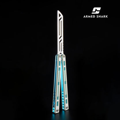 Armed Shark Nautilus v2 Balisong Trainer – White Blue | White handle with blue accents and silver trainer edge