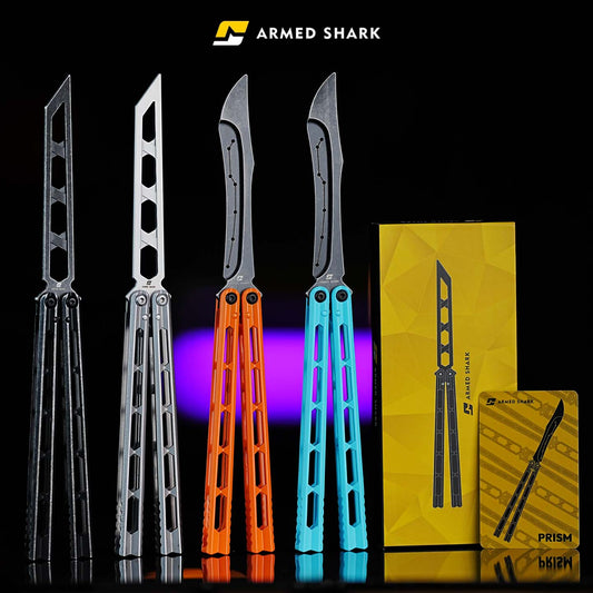 Armed Shark Prism Balisong Trainer in multiple colors with packaging box
