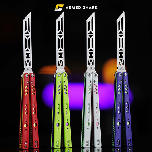 Armed Shark REP Balisong Butterfly Trainer Knife V2 in multiple color handles – safe unsharpened practice balisong trainer.