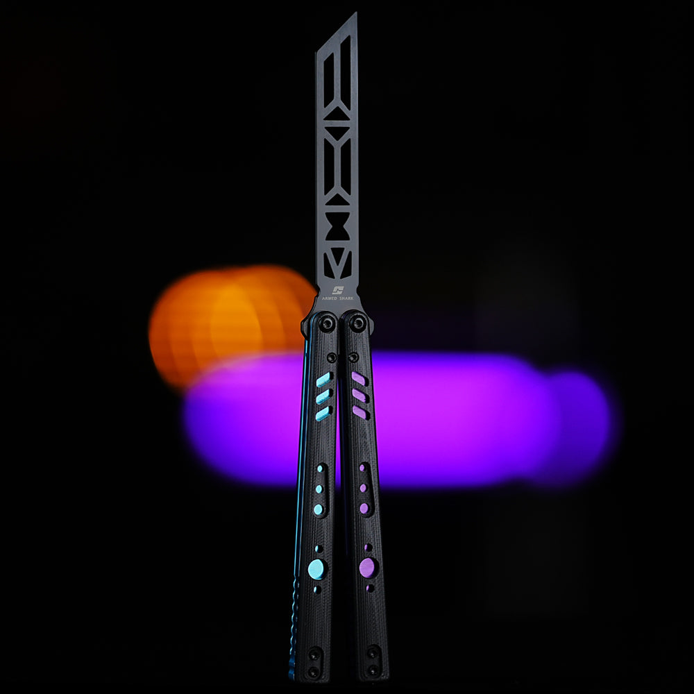 Armed Shark REP V2 Balisong Butterfly Trainer Knife with black handle and blue-purple accent liners – CNC machined practice trainer.
