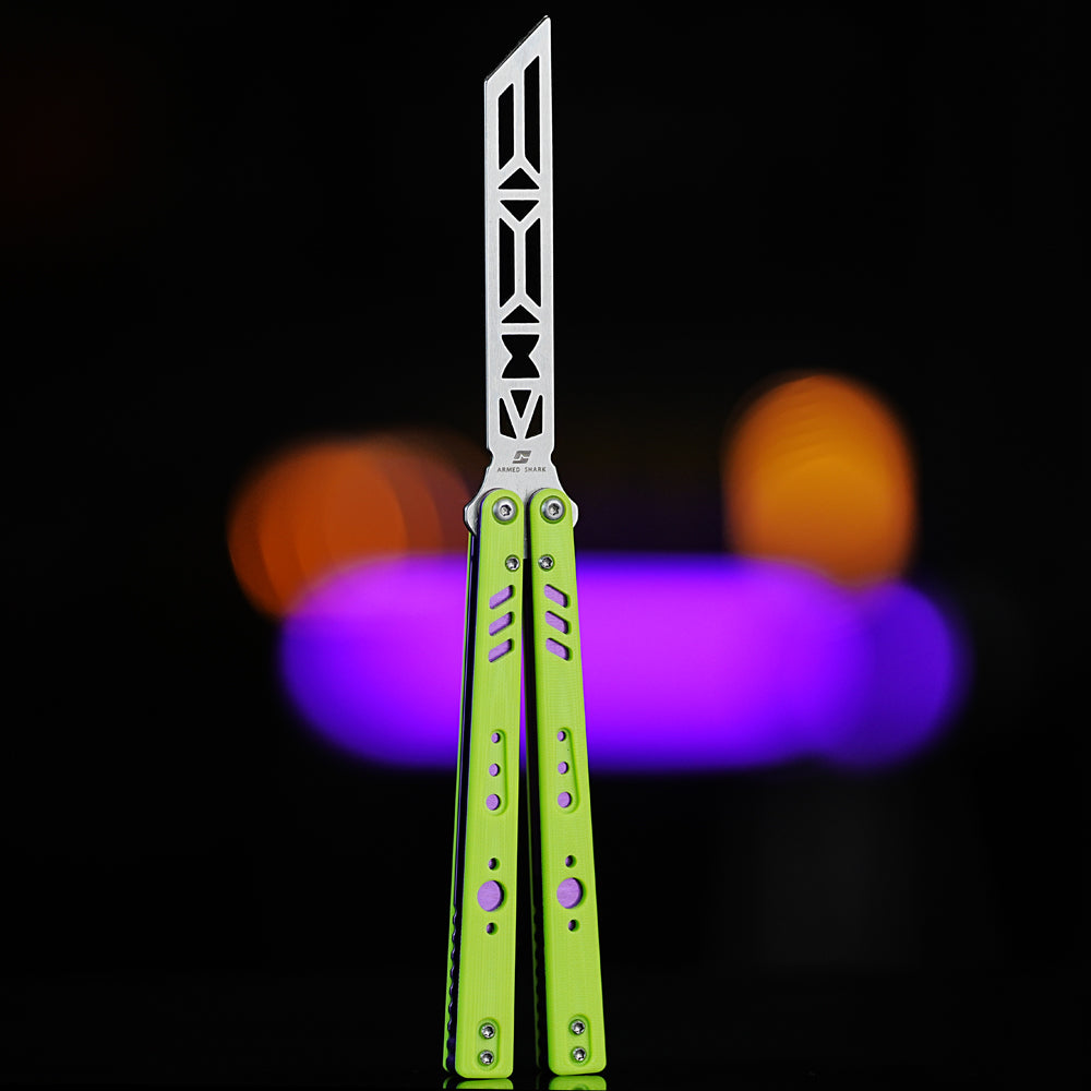 Armed Shark REP Balisong Butterfly Trainer V2 with green handle and purple accent liners – safe and stylish practice knife.