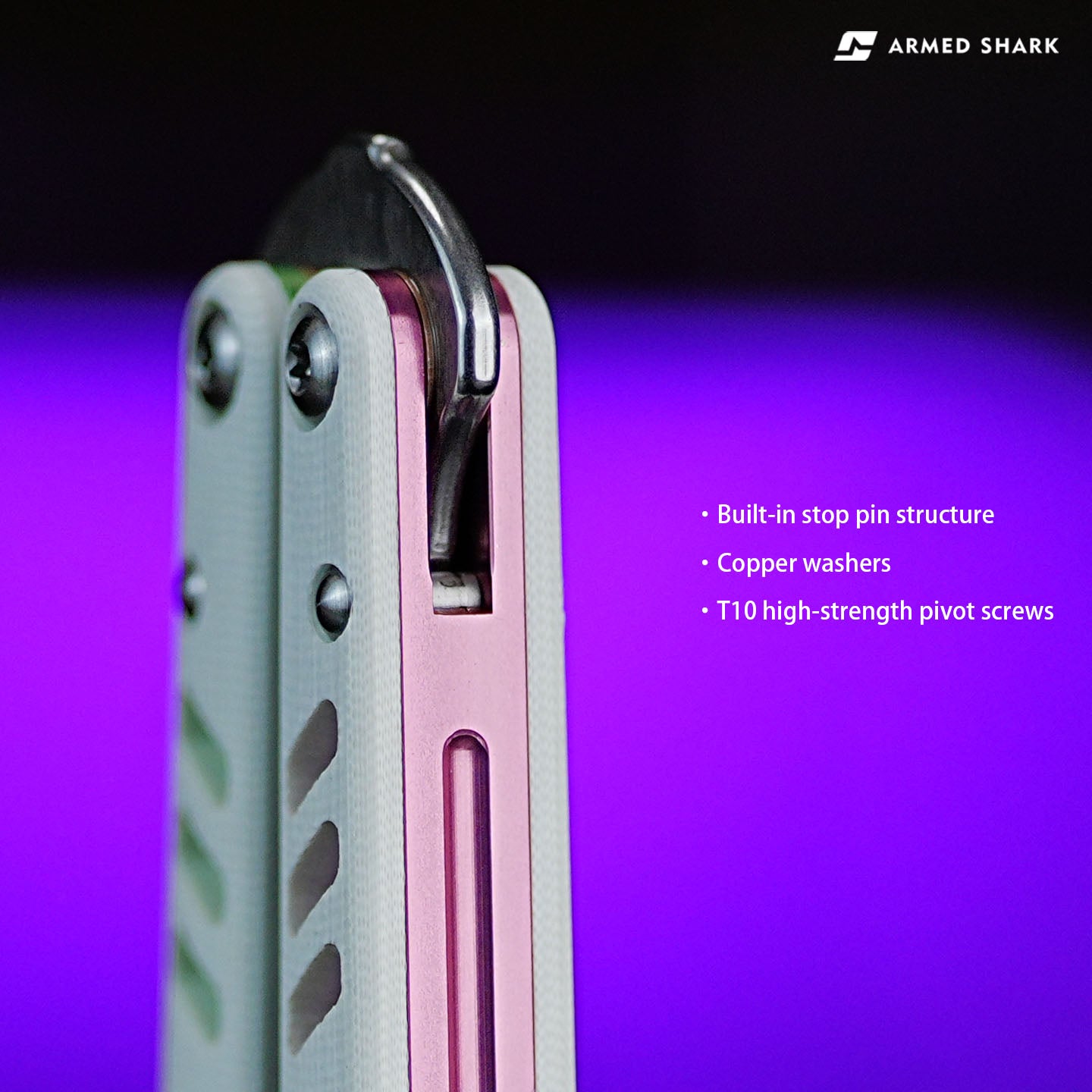 Built-in stop pin structure, copper washers, and T10 high-strength pivot screws on Armed Shark REP Balisong V2 trainer knife.