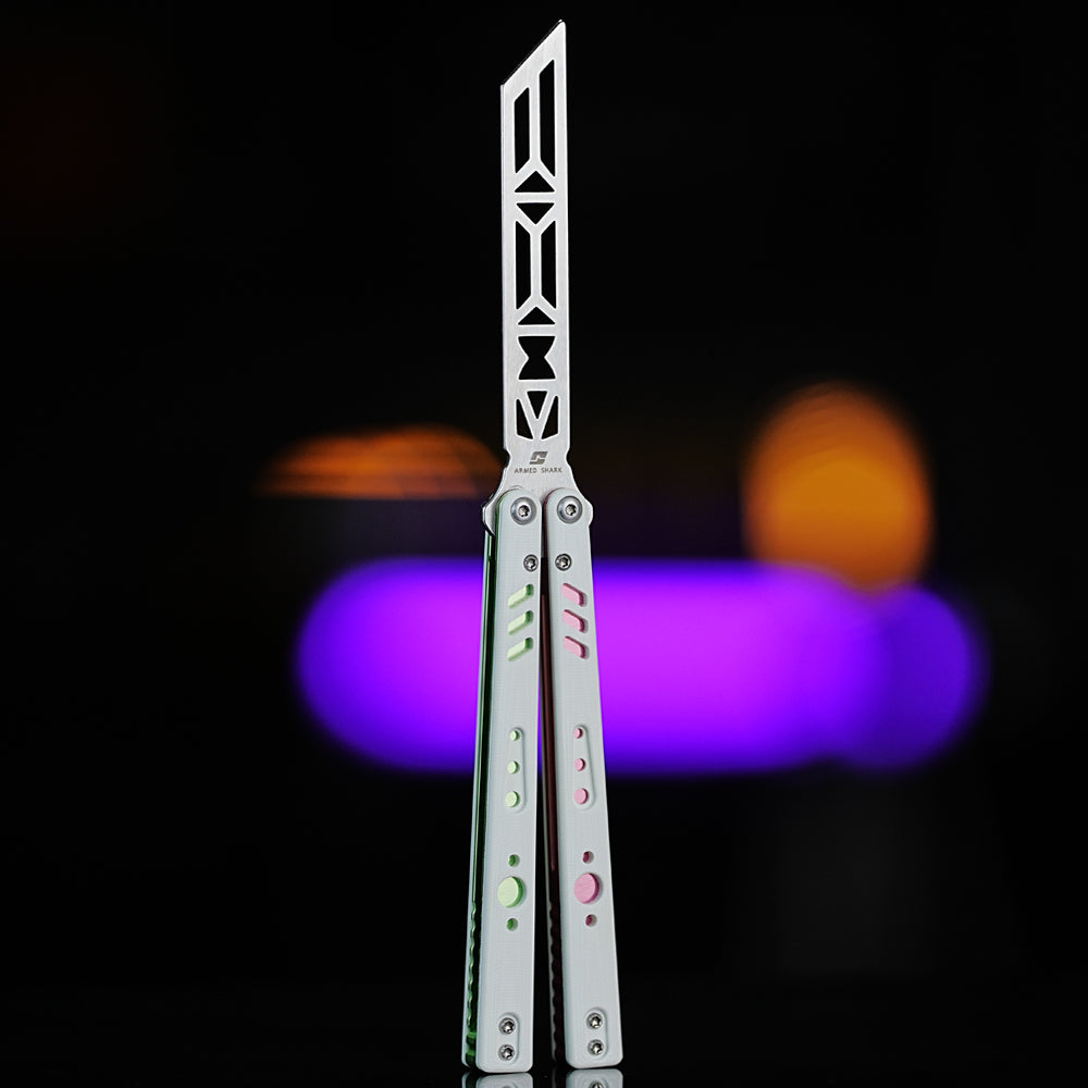 Armed Shark REP Balisong Trainer Knife V2 with white handle and mixed green-pink accent liners – durable practice butterfly knife.