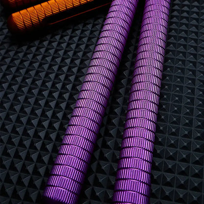Close-up of purple aluminum handle texture on Armed Shark Sahara Butterfly Trainer