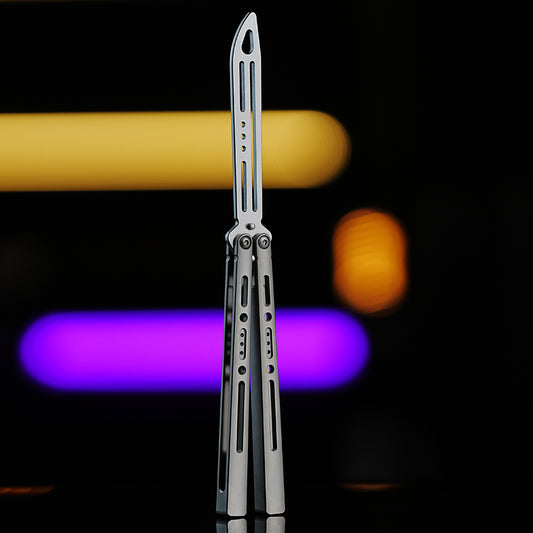 Armed Shark Sentinel TC4 titanium alloy balisong trainer butterfly knife with silver stonewash finish, CNC machined for precision flipping practice.
