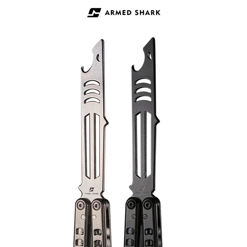 Armed Shark Titanium Inked Mako Bottle Opener Trainers in silver and black finishes, showcasing the bottle-opener head design and CNC-machined details